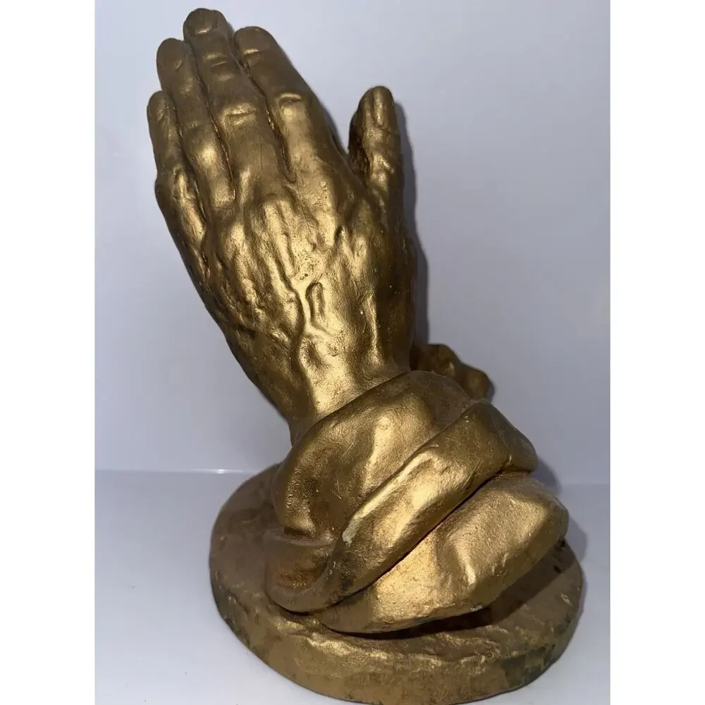 Vintage Praying Hands Sculpture Mexico Mexican Art Gold Chalk-Ware Heavy 10”